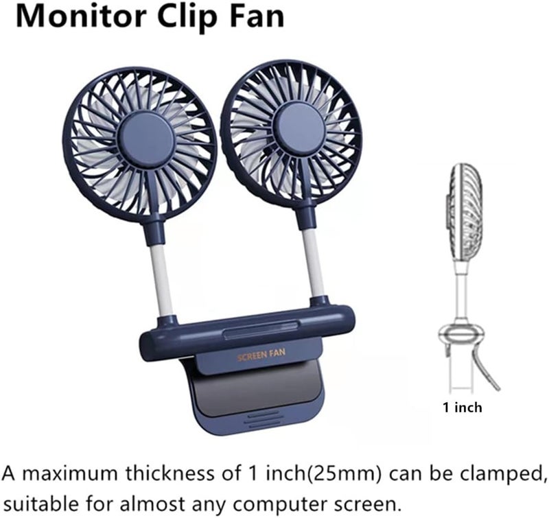 THRRLY Desktop Fan, Monitor Clip on Fan with 2 Fan Heads, 3 Speeds Office Desk fan USB Powered Cooling Fan with Sturdy Adjustable Clamp, Strong Wind Quiet Personal USB Small Fan for Laptops, Desktop. - Image 3